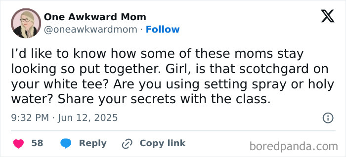 Tweet from One Awkward Mom humorously questioning how some moms stay put together, highlighting funny parenting posts.