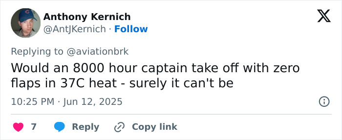 Tweet by Anthony Kernich questioning Air India pilot's decision to take off with zero flaps in extreme heat before crash.