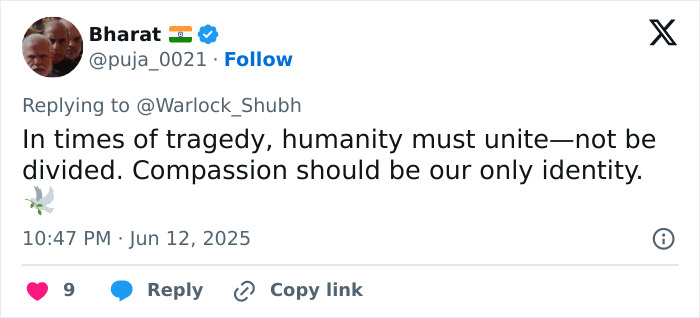 Social media post showing compassion and unity after Air India plane crashes into medical college campus.