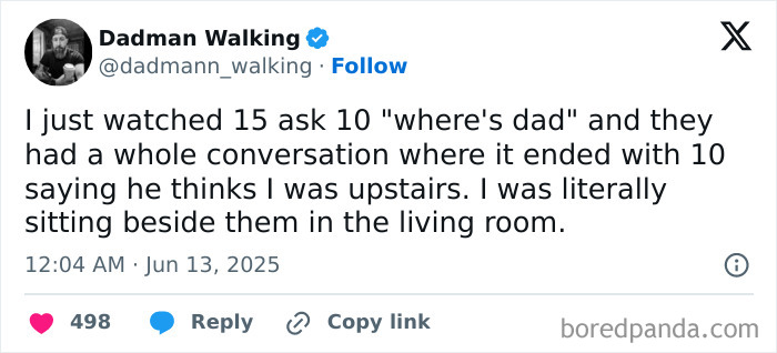 Screenshot of a parenting X post humorously describing kids asking "where's dad" while he sits beside them indoors.