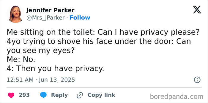 Screenshot of a funny parenting X post about a child not respecting privacy while a parent is on the toilet.