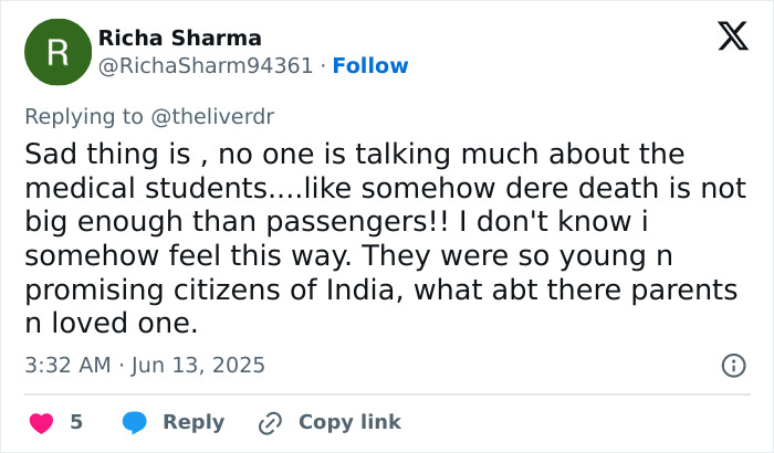 Tweet from user expressing sorrow for young medical students sharing gut-wrenching stories after Air India plane crash on campus.