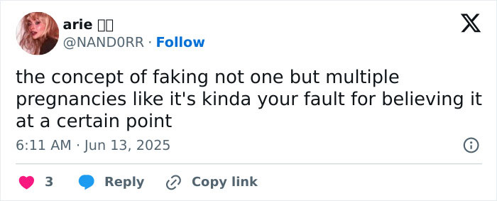 Tweet discussing the concept of faking multiple pregnancies in relation to Trace Cyrus accusing Brenda Song.