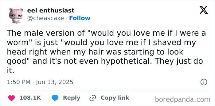 Tweet about the male version of a funny love question, part of the best tweets that c*****d people up in June.