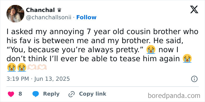 Tweet about a 7-year-old’s funny parenting moment with a cousin’s surprising favorite, shared on social media.