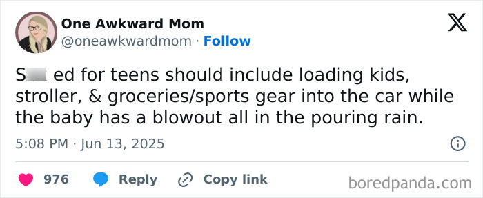 Parenting tweet humor about kids, strollers, and rainy day struggles shared by One Awkward Mom on social media.