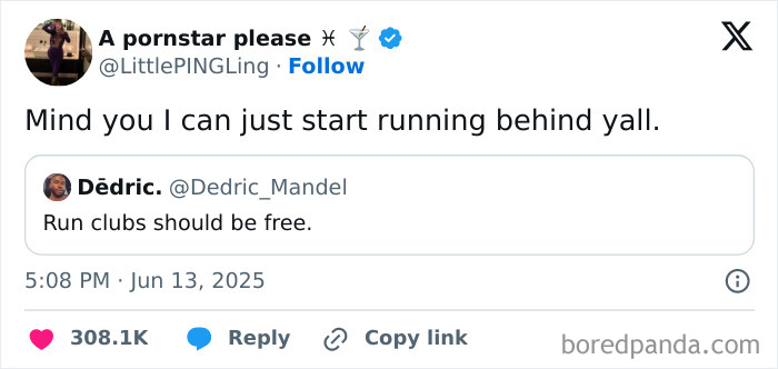 Tweet humor about running clubs being free, showcasing one of the best tweets that c*****d people up this June.