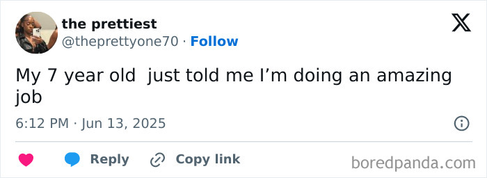 Screenshot of a humorous parenting X post where a user shares a proud moment from their 7-year-old child.
