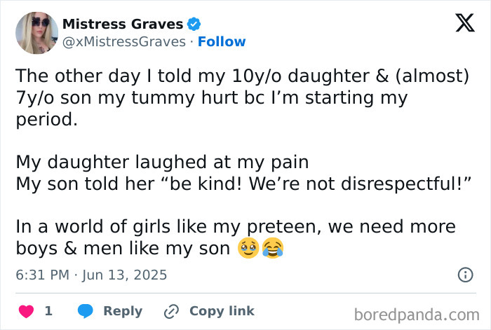 Tweet about parenting moments where a son teaches kindness, highlighting funny and heartwarming parenting posts.