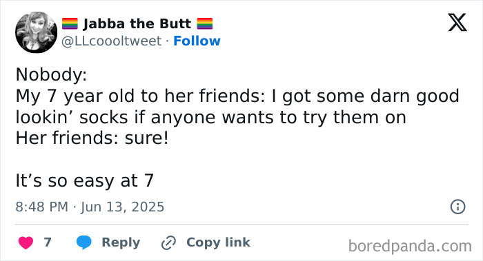 Parenting humor tweet about a 7-year-old offering socks to friends, featured in funny parenting posts online.
