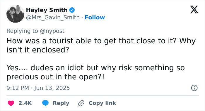 Tweet discussing concerns over a tourist sitting on and breaking a crystal-covered Van Gogh chair in an Italian gallery.