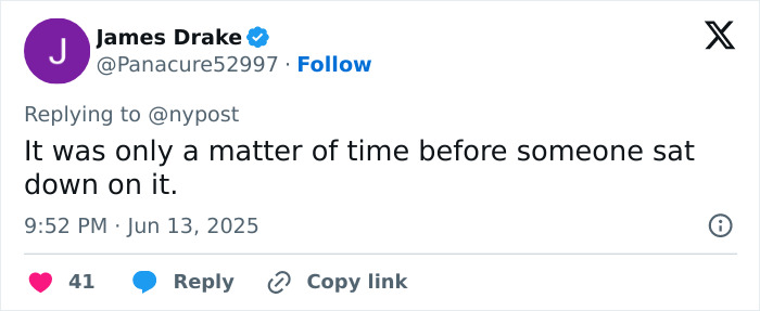 Tweet from user James Drake responding to a post about a tourist sitting on a crystal-covered Van Gogh chair.