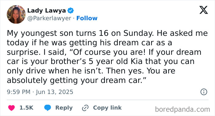 Parenting tweet humor about a son’s 16th birthday and his dream car from a funny X post collection.