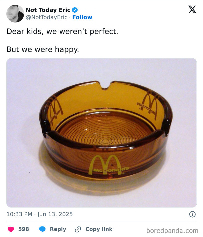 Tweet about imperfect but happy parenting with a vintage McDonald's ashtray, highlighting funny parenting posts on X.