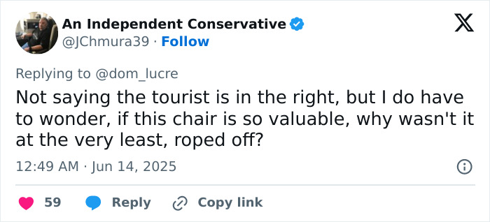 Tourist sitting on crystal-covered Van Gogh chair in Italian gallery, breaking the valuable art piece.