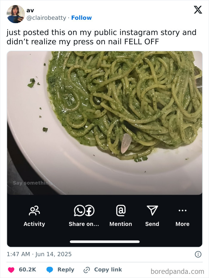 A funny tweet showing pesto pasta with a false press-on nail missing, part of best tweets that c*****d people up.