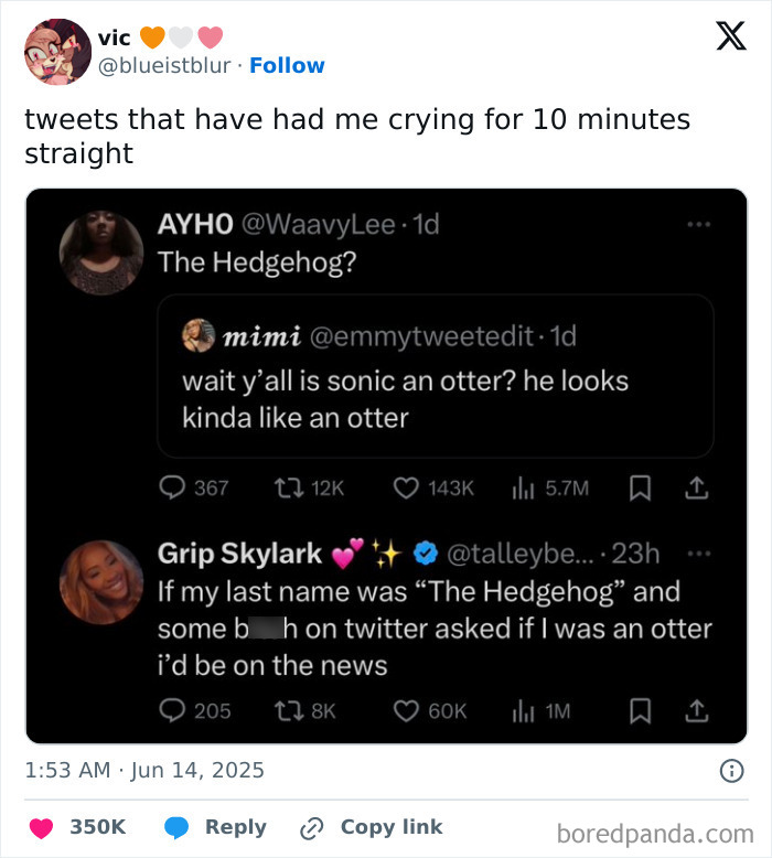 Screenshot of humorous tweets about Sonic the Hedgehog, showcasing some of the best tweets that c*****d people up in June.