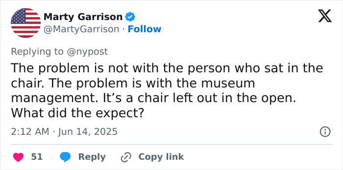 Tweet by Marty Garrison criticizing museum management over a crystal-covered Van Gogh chair left accessible to tourists.