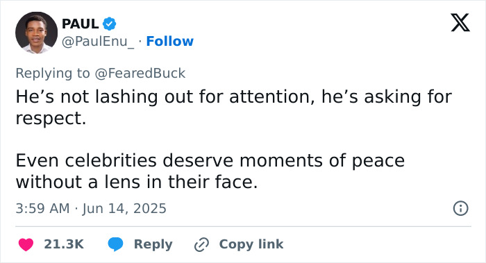 Tweet from Paul Enu discussing respect for celebrities, highlighting Justin Bieber’s real dad and husband moments amid paparazzi pressure. Tweet from Paul Enu discussing respect for celebrities, highlighting Justin Bieber’s real dad and husband moments amid paparazzi pressure.