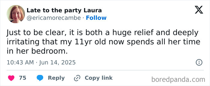 Screenshot of a parenting humor post about an 11-year-old spending all her time in her bedroom.