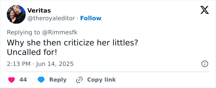 Tweet from Veritas criticizing Kate Middleton’s strict order to Prince Louis during Trooping The Colour event. Tweet from Veritas criticizing Kate Middleton’s strict order to Prince Louis during Trooping The Colour event.