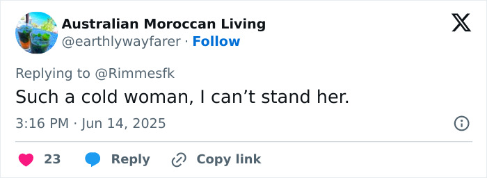 Twitter reply text shown with a comment about a cold woman, unrelated to Trooping The Colour or Kate Middleton's order to Prince Louis. Twitter reply text shown with a comment about a cold woman, unrelated to Trooping The Colour or Kate Middleton's order to Prince Louis.