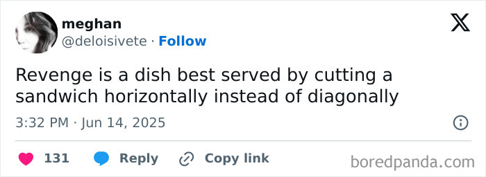 Screenshot of a parenting X post joking about revenge by cutting a sandwich horizontally instead of diagonally.