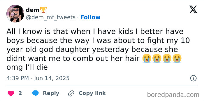 A funny parenting tweet about struggles with a 10-year-old goddaughter and combing her hair on X posts.