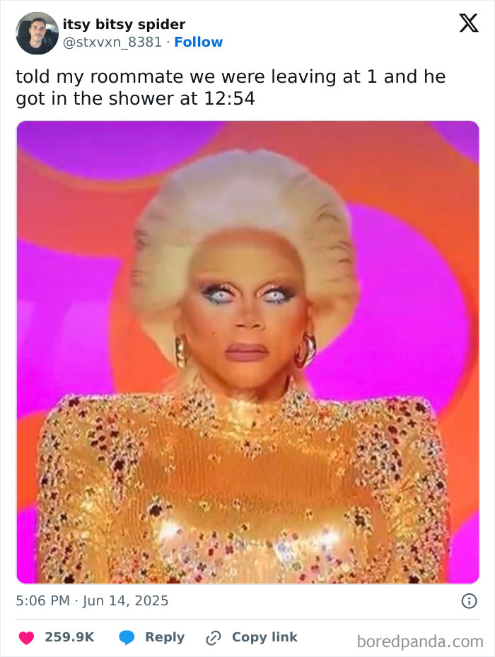 Tweet showing a humorous reaction meme with a glittery gold outfit, part of best tweets that c*****d people up June.