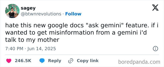 Tweet criticizing Google Docs ask Gemini feature, humorously comparing misinformation to talking with mother, part of best tweets June.