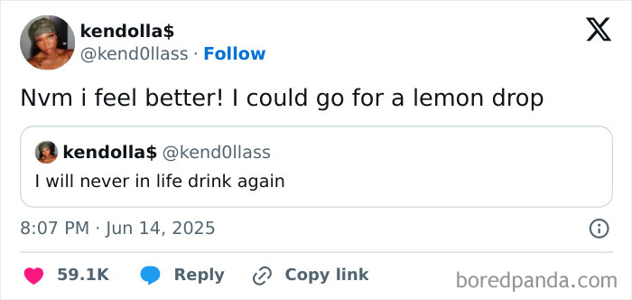 Tweet from user kendolla$ humorously discussing feeling better and wanting a lemon drop, featured in best tweets that c*****d people up.
