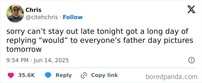 A humorous tweet about replying to father day pictures, featured in the best tweets that c*****d people up in June.