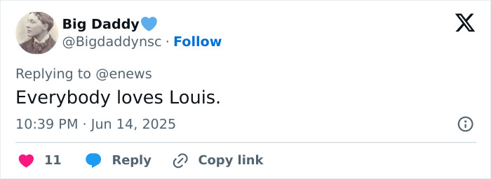 Twitter post by user Big Daddy replying to @enews with the comment about Prince Louis, related to lip reader revealing Kate Middleton’s order. Twitter post by user Big Daddy replying to @enews with the comment about Prince Louis, related to lip reader revealing Kate Middleton’s order.