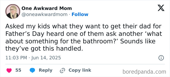 Funny parenting tweet about kids suggesting a Father's Day gift related to the bathroom in a humorous thread.