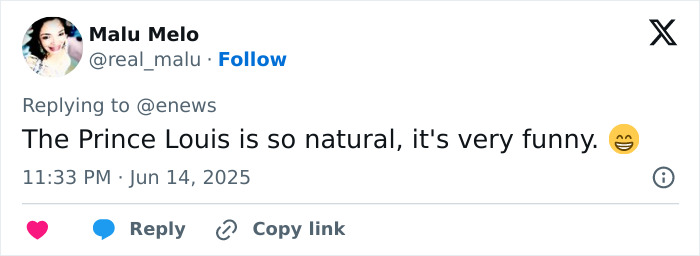 Tweet reply mentioning Prince Louis’s natural behavior during Trooping The Colour, shared by Malu Melo. Tweet reply mentioning Prince Louis’s natural behavior during Trooping The Colour, shared by Malu Melo.