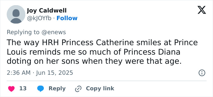 Tweet from Joy Caldwell mentioning HRH Princess Catherine smiling at Prince Louis, reflecting royal family moments. Tweet from Joy Caldwell mentioning HRH Princess Catherine smiling at Prince Louis, reflecting royal family moments.