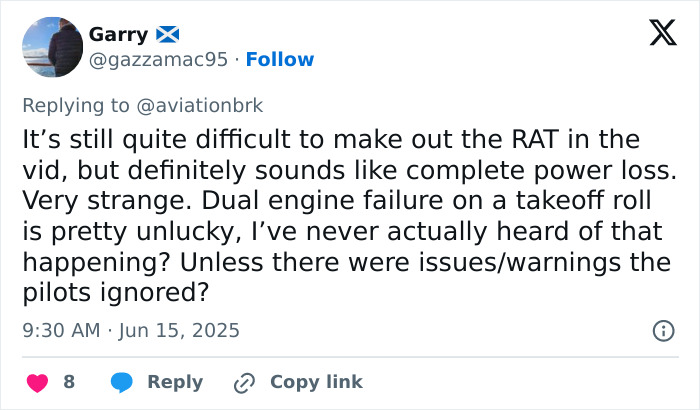 Twitter post discussing possible dual engine failure and power loss in Air India plane before crash in eerie silence clip.