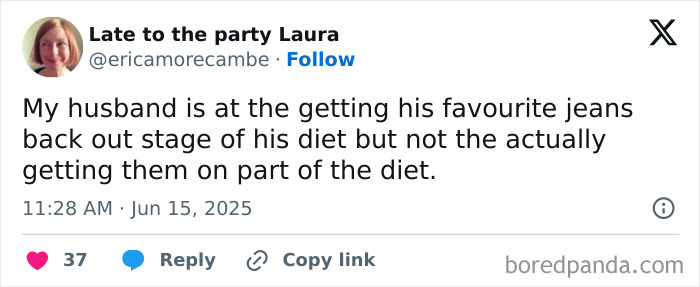 Tweet from Late to the party Laura humorously about parenting challenges during a husband’s diet stage on social media.