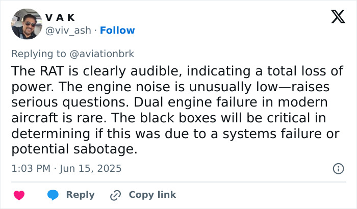 Social media comment discussing engine noise and potential causes in Air India plane crash, referencing enhanced clip analysis.