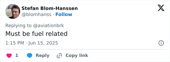 Screenshot of a social media comment discussing possible fuel-related cause in Air India plane crash investigation.