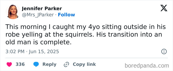 Parent sharing a humorous parenting X post about a 4-year-old yelling at squirrels, highlighting funny moments in parenting.