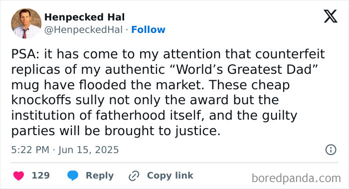 Screenshot of a humorous parenting post about counterfeit "World's Greatest Dad" mugs shared on social media about parenting.