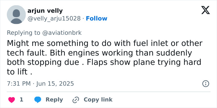 User tweet speculating on Air India plane engine and fuel inlet issues before crash, revealing possible cause of accident.