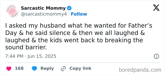 Screenshot of a funny parenting tweet about Father's Day silence followed by noisy kids breaking the sound barrier.