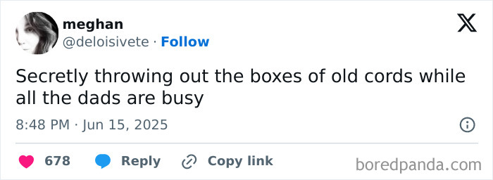 Tweet about parenting humor mentioning secretly throwing out old cords while dads are busy, highlighting funny parenting moments.