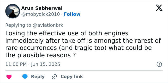 Tweet discussing rare engine failure after takeoff possibly linked to Air India plane crash cause in an enhanced clip analysis.