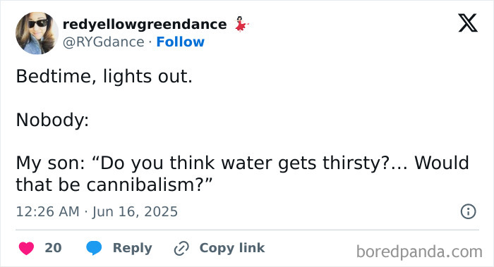 Parenting humor tweet about a child's funny question on water and thirst at bedtime shared on social media.