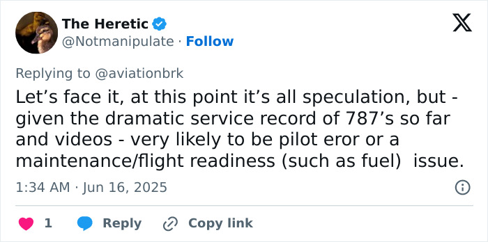 Tweet discussing speculation on Air India plane crash cause, mentioning pilot error and maintenance or flight readiness issues.