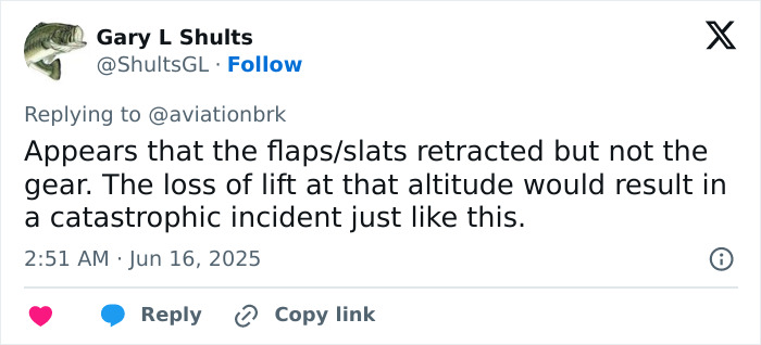 Tweet from Gary L Shults discussing possible cause of Air India plane crash linked to flaps and gear issues before accident.