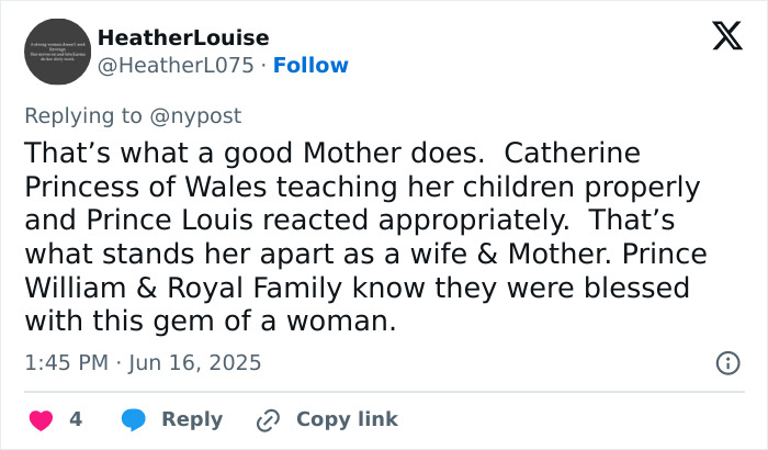 Tweet praising Catherine Princess of Wales teaching Prince Louis during Trooping The Colour, highlighting royal family dynamics. Tweet praising Catherine Princess of Wales teaching Prince Louis during Trooping The Colour, highlighting royal family dynamics.